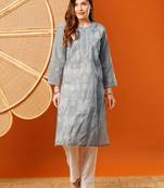 Hand embroidered grey cotton lucknowi chikankari straight kurta