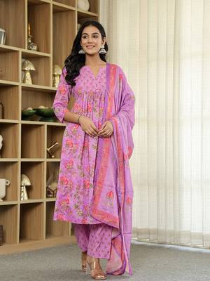 purple floral print a-line kurta trouser dupatta set 1