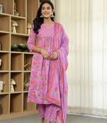 purple floral print a-line kurta trouser dupatta set