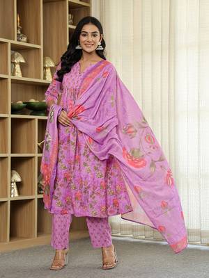purple floral print a-line kurta trouser dupatta set 2