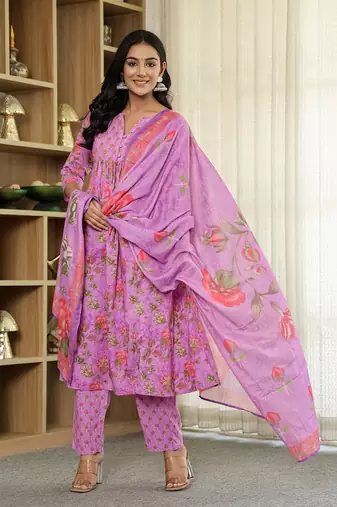 purple floral print a-line kurta trouser dupatta set