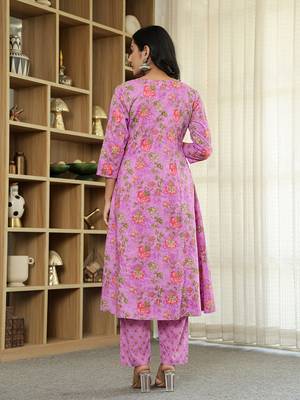purple floral print a-line kurta trouser dupatta set 3