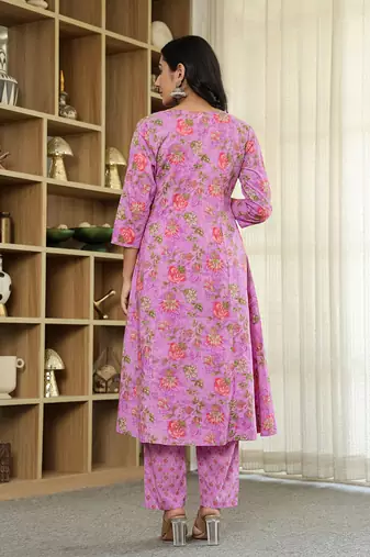purple floral print a-line kurta trouser dupatta set