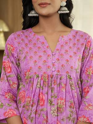 purple floral print a-line kurta trouser dupatta set 4