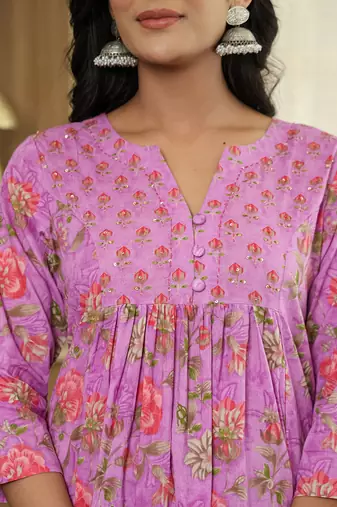 purple floral print a-line kurta trouser dupatta set