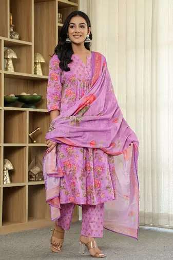 purple floral print a-line kurta trouser dupatta set