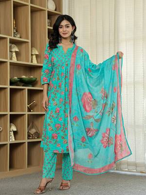 sea green floral print a-line kurta trouser dupatta set 1
