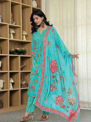 sea green floral print a-line kurta trouser dupatta set 2