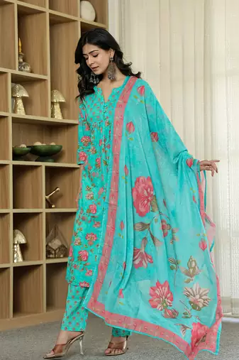 sea green floral print a-line kurta trouser dupatta set