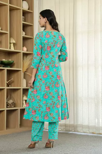sea green floral print a-line kurta trouser dupatta set