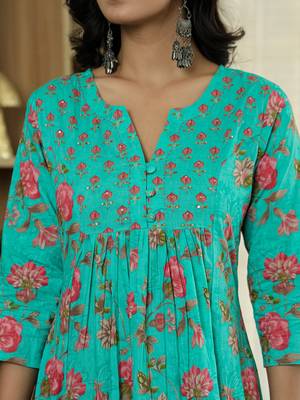 sea green floral print a-line kurta trouser dupatta set 4