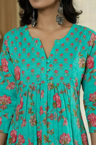 sea green floral print a-line kurta trouser dupatta set
