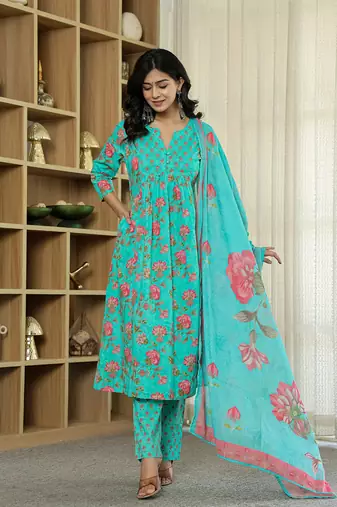 sea green floral print a-line kurta trouser dupatta set