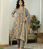 grey floral print a-line kurta trouser dupatta set