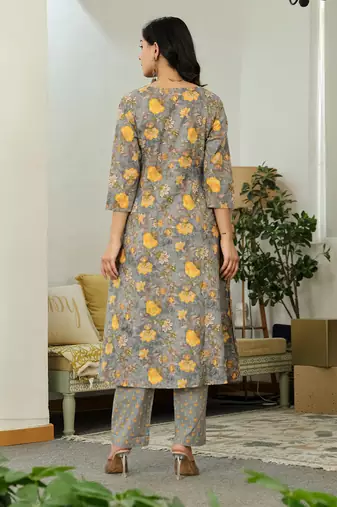grey floral print a-line kurta trouser dupatta set