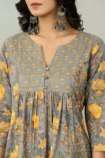 grey floral print a-line kurta trouser dupatta set