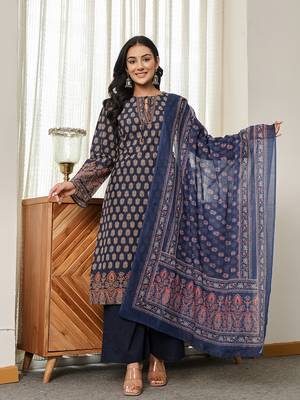 navy blue cotton straight kurta palazzo dupatta set 1