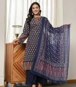 navy blue cotton straight kurta palazzo dupatta set