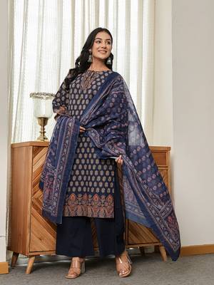 navy blue cotton straight kurta palazzo dupatta set 2