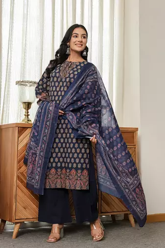navy blue cotton straight kurta palazzo dupatta set