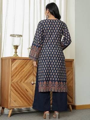 navy blue cotton straight kurta palazzo dupatta set 3