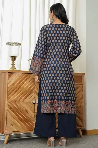 navy blue cotton straight kurta palazzo dupatta set