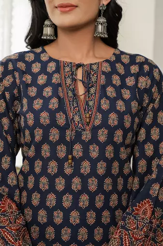 navy blue cotton straight kurta palazzo dupatta set