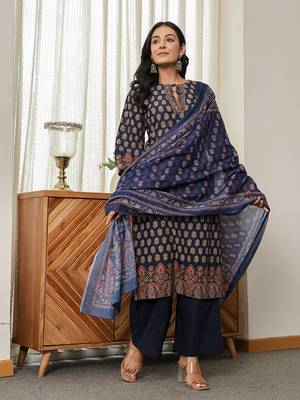 navy blue cotton straight kurta palazzo dupatta set 5