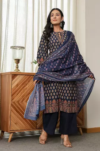 navy blue cotton straight kurta palazzo dupatta set