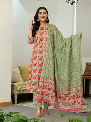 sea green cotton a-line kurta dupatta set 1