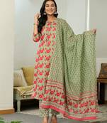 sea green cotton a-line kurta dupatta set