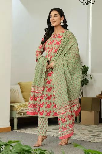 sea green cotton a-line kurta dupatta set