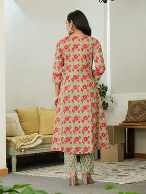 sea green cotton a-line kurta dupatta set 3
