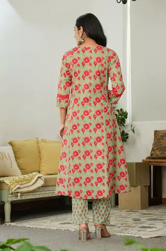sea green cotton a-line kurta dupatta set