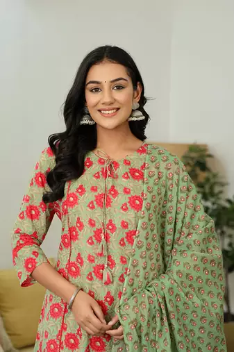 sea green cotton a-line kurta dupatta set