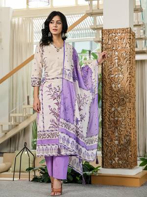 purple and off white cotton straight beads and stones kurta dupatta set 1