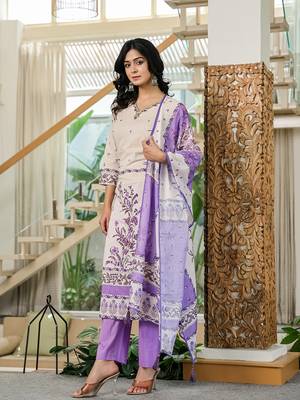 purple and off white cotton straight beads and stones kurta dupatta set 2