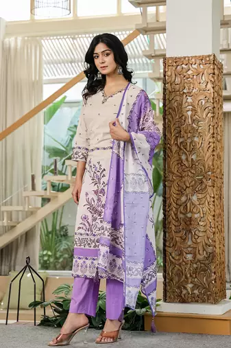 purple and off white cotton straight beads and stones kurta dupatta set