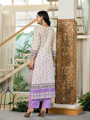 purple and off white cotton straight beads and stones kurta dupatta set 3