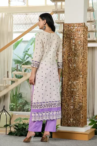 purple and off white cotton straight beads and stones kurta dupatta set