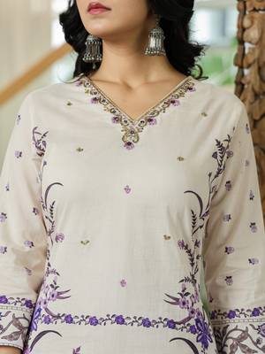 purple and off white cotton straight beads and stones kurta dupatta set 4