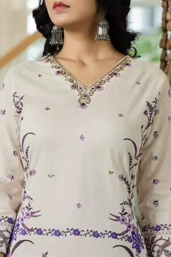 purple and off white cotton straight beads and stones kurta dupatta set