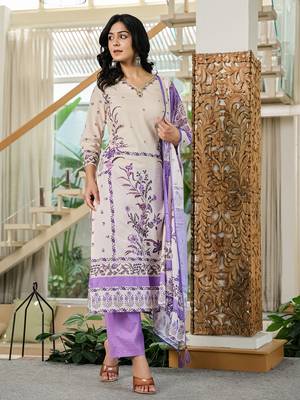 purple and off white cotton straight beads and stones kurta dupatta set 5