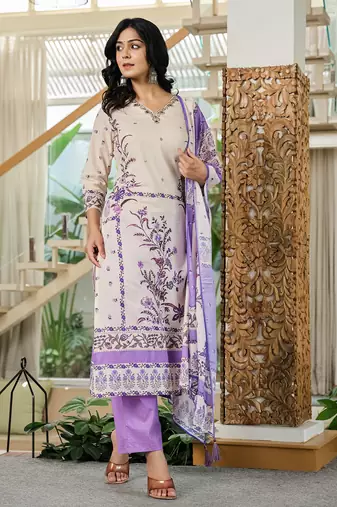 purple and off white cotton straight beads and stones kurta dupatta set