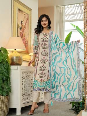 blue cotton straight floral print beads and stones lace work kurta dupatta set 1