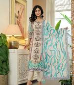 blue cotton straight floral print beads and stones lace work kurta dupatta set