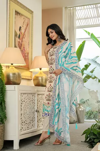 blue cotton straight floral print beads and stones lace work kurta dupatta set