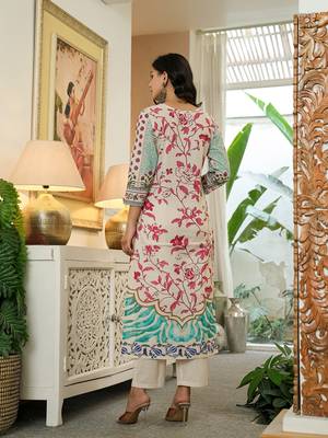 blue cotton straight floral print beads and stones lace work kurta dupatta set 3