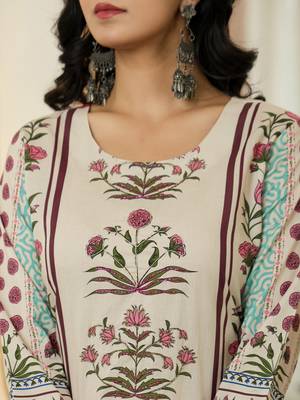 blue cotton straight floral print beads and stones lace work kurta dupatta set 4
