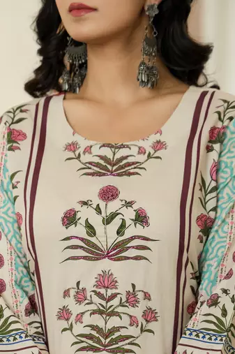 blue cotton straight floral print beads and stones lace work kurta dupatta set